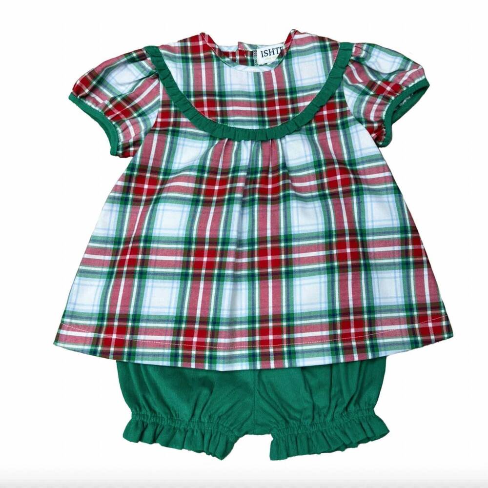 NEW ISHTEX girls plaid bloomer set in red/green